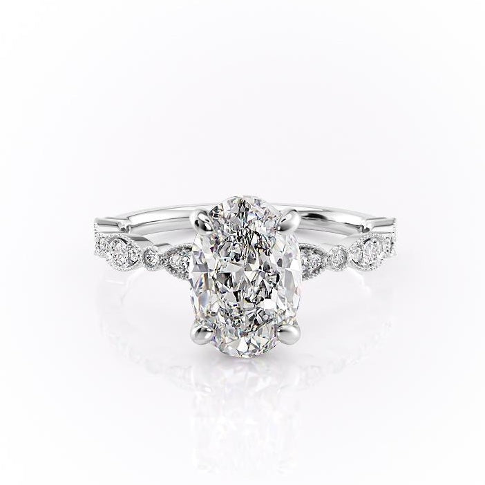2.10 CT Oval Solitaire & Milgrain Pave Moissanite Engagement Ring - crownmoissanite