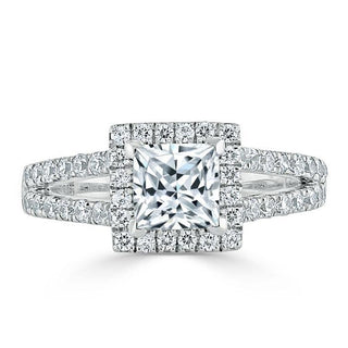 1.0 CT Princess Cut Halo Split Shank Setting Moissanite Engagement Ring - crownmoissanite