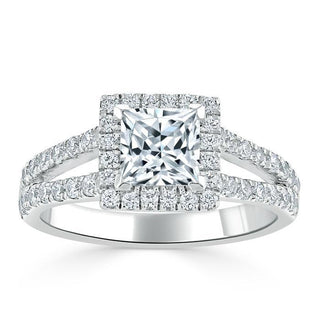 1.0 CT Princess Cut Halo Split Shank Setting Moissanite Engagement Ring - crownmoissanite