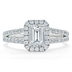 1.0 CT Emerald Shaped Moissanite Halo Split Shank Engagement Ring - crownmoissanite