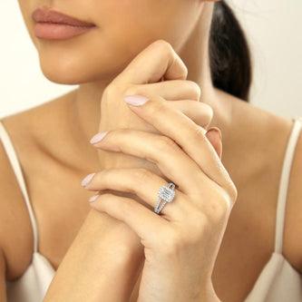 1.0 CT Emerald Cut Halo Split Shank Setting Moissanite Engagement Ring - crownmoissanite