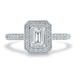 1.0 CT Emerald Cut Halo Moissanite Engagement Ring With Pave Setting - crownmoissanite