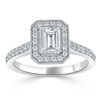 1.0 CT Emerald Cut Halo Moissanite Engagement Ring With Pave Setting - crownmoissanite