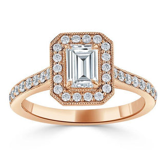 1.0 CT Emerald Cut Halo Moissanite Engagement Ring With Pave Setting - crownmoissanite