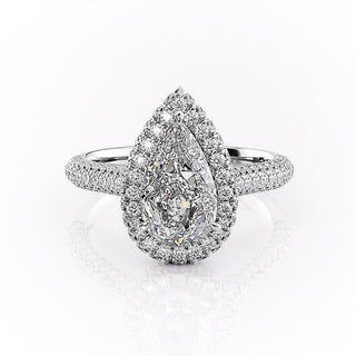 2.0 CT Pear Cut Halo Triple Pave Moissanite Engagement Ring - crownmoissanite