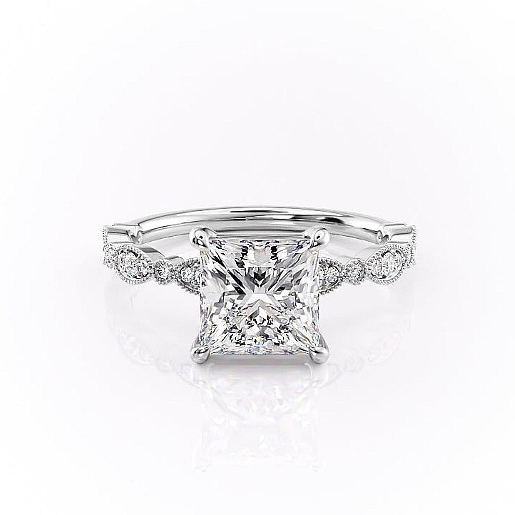 2.08 CT Princess Solitaire Milgrain Pave Moissanite Engagement Ring - crownmoissanite