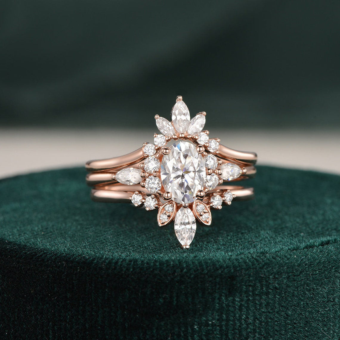 1.0 CT Oval Cut Cluster Art Deco Moissanite Bridal Ring Set - crownmoissanite