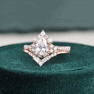 1.50 CT Pear Cut Cluster Art Deco Moissanite Bridal Ring Set - crownmoissanite