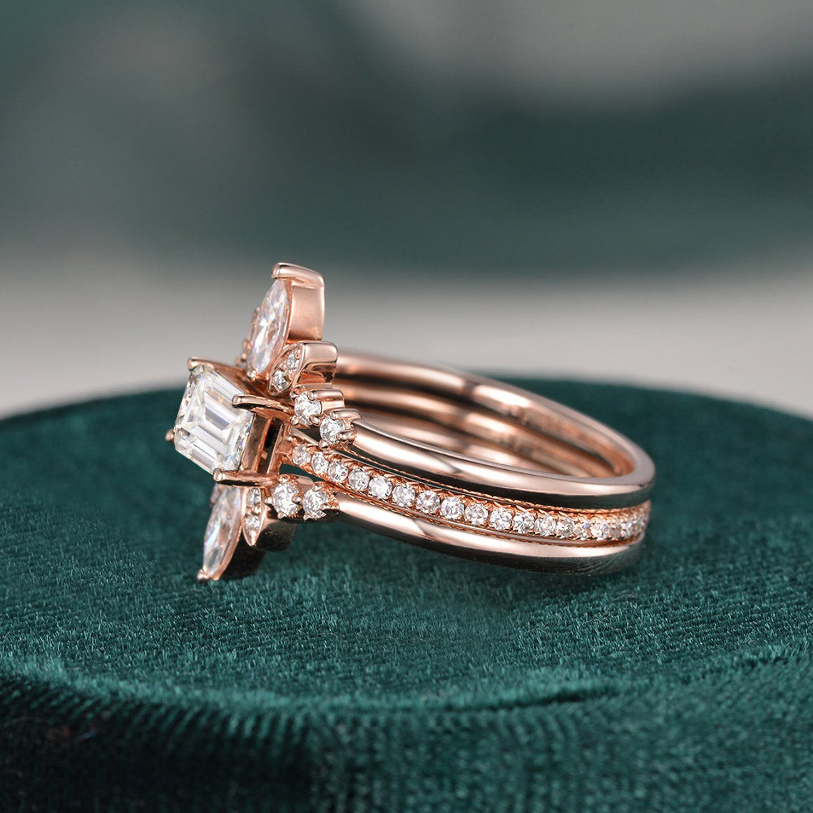 2.0 CT Emerald Cut Solitaire Pave Setting Moissanite Bridal Ring Set - crownmoissanite