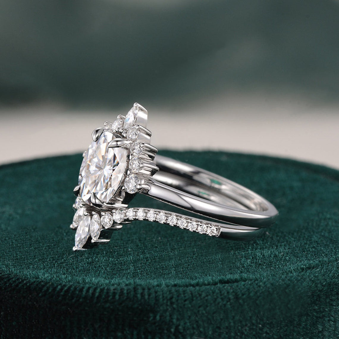 1.50 CT Oval Shaped Moissanite Cluster Art Deco Bridal Ring Set - crownmoissanite