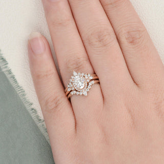 1.0 CT Oval Cut Cluster Halo Moissanite Bridal Ring Set - crownmoissanite