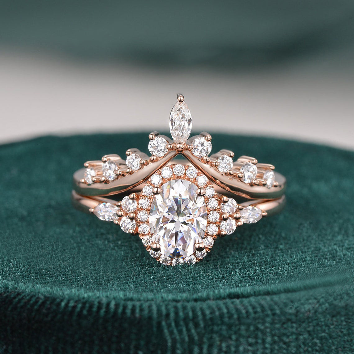 2.0 CT Oval Shaped Moissanite Cluster Halo Bridal Ring Set - crownmoissanite