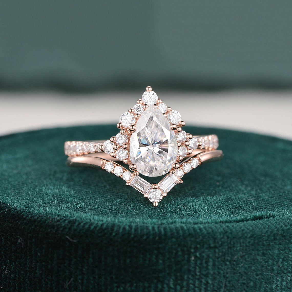 1.50 CT Pear Shaped Moissanite Cluster Bridal Ring Set - crownmoissanite