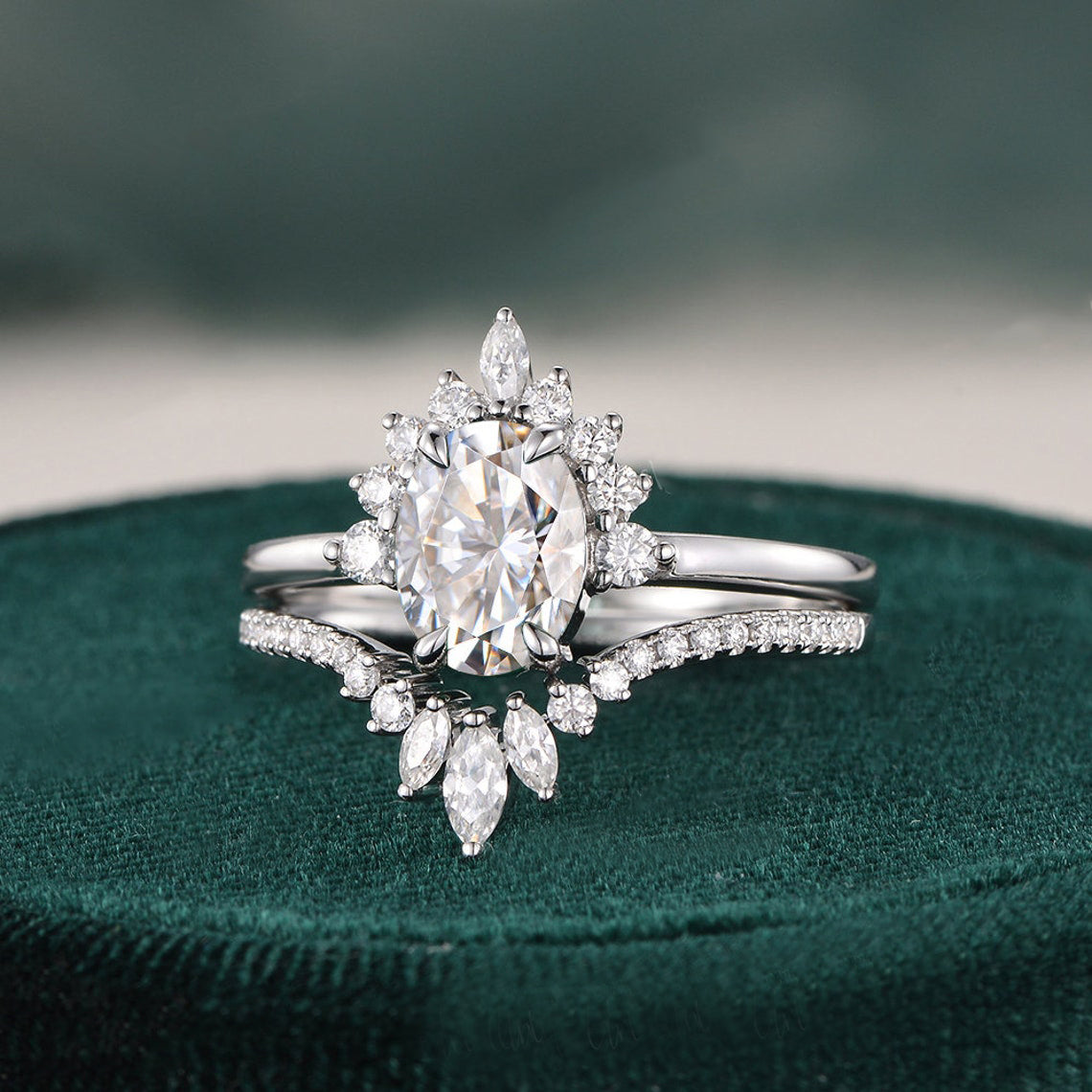 1.50 CT Oval Shaped Moissanite Cluster Art Deco Bridal Ring Set - crownmoissanite