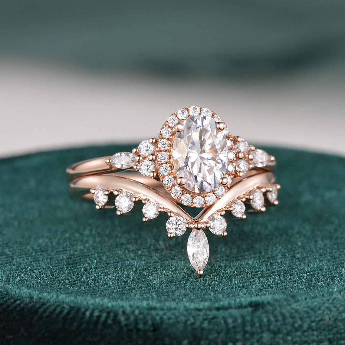 2.0 CT Oval Shaped Moissanite Cluster Halo Bridal Ring Set - crownmoissanite