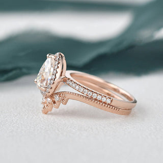 1.50 CT Pear Shaped Moissanite Halo Bridal Ring Set - crownmoissanite