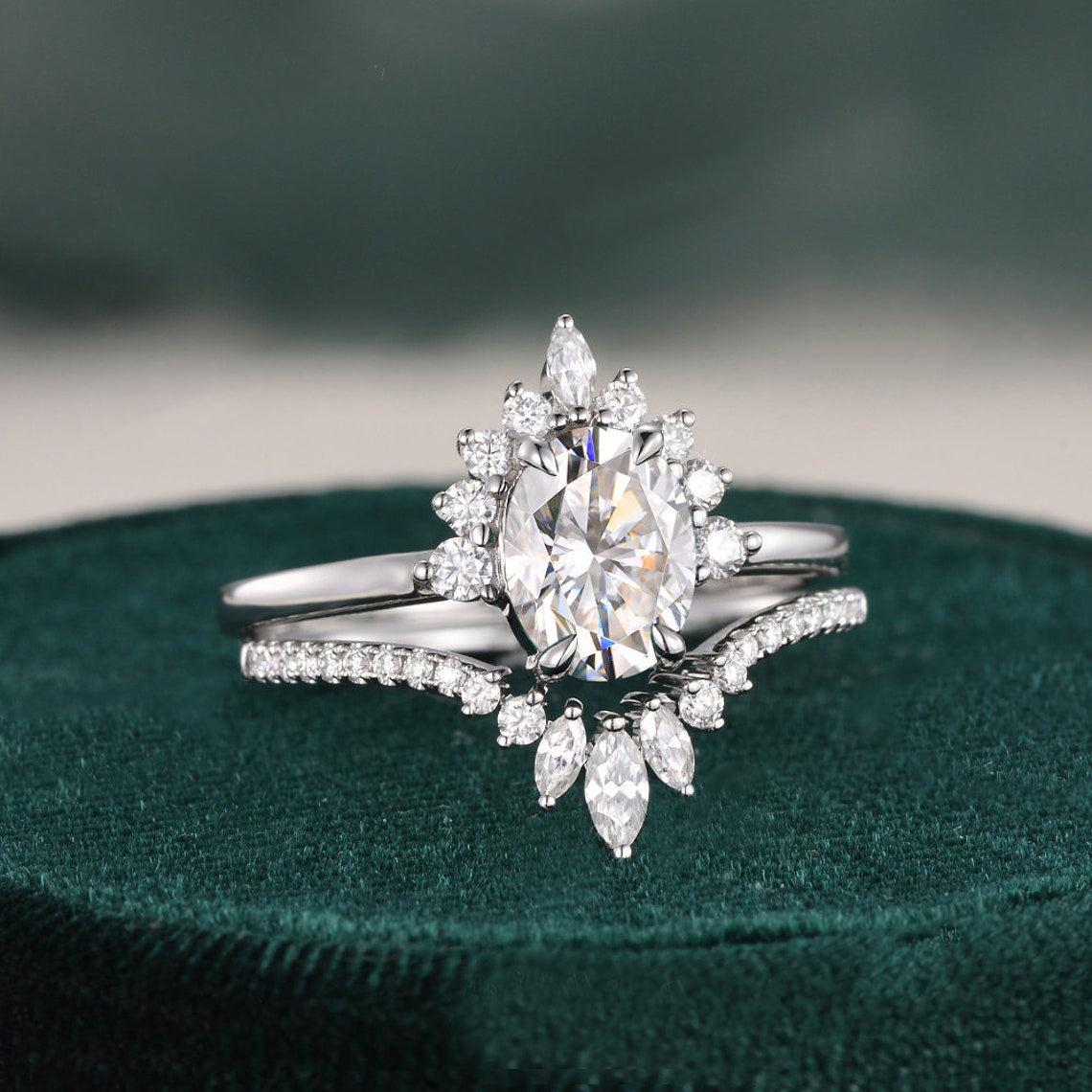 1.50 CT Oval Cut Cluster Art Deco Moissanite Bridal Ring Set - crownmoissanite
