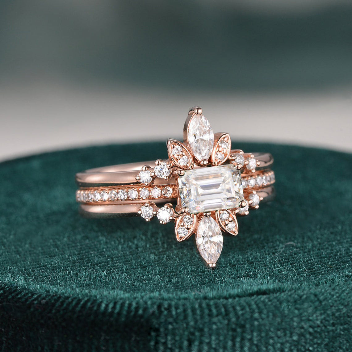 2.0 CT Emerald Cut Solitaire Pave Setting Moissanite Bridal Ring Set - crownmoissanite