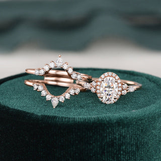 1.0 CT Oval Cut Cluster Halo Moissanite Bridal Ring Set - crownmoissanite