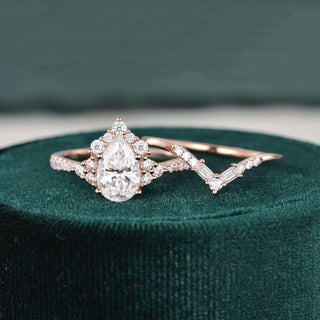 1.50 CT Pear Cut Cluster Art Deco Moissanite Bridal Ring Set - crownmoissanite
