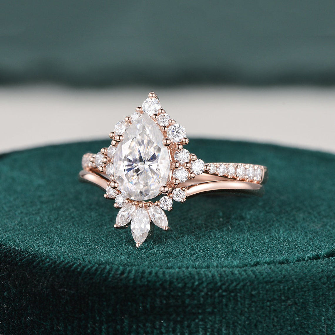 1.50 CT Pear Shaped Moissanite Cluster Bridal Ring Set - crownmoissanite