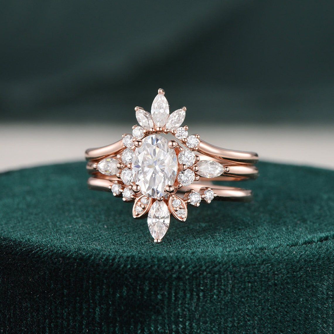 1.0 CT Oval Shaped Moissanite Cluster Art Deco Bridal Ring Set - crownmoissanite