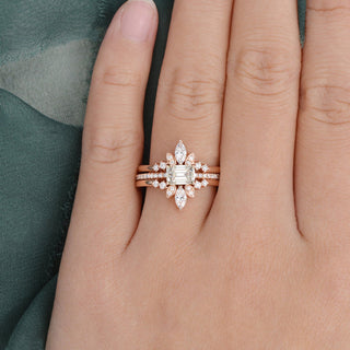 2.0 CT Emerald Cut Solitaire Pave Setting Moissanite Bridal Ring Set - crownmoissanite