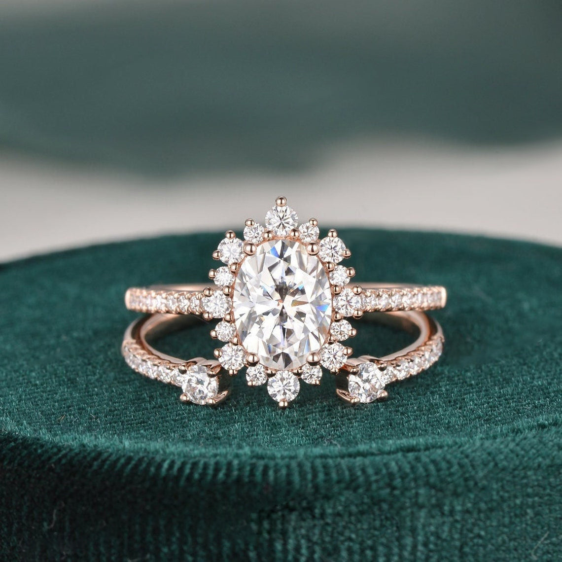 2.0 CT Oval Shaped Moissanite Halo Bridal Ring Set - crownmoissanite