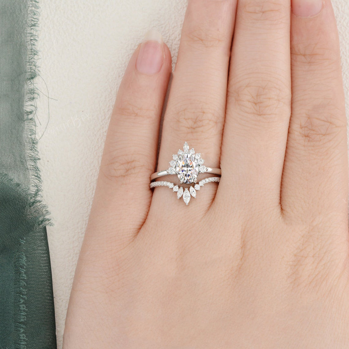 1.50 CT Oval Cut Cluster Art Deco Moissanite Bridal Ring Set - crownmoissanite