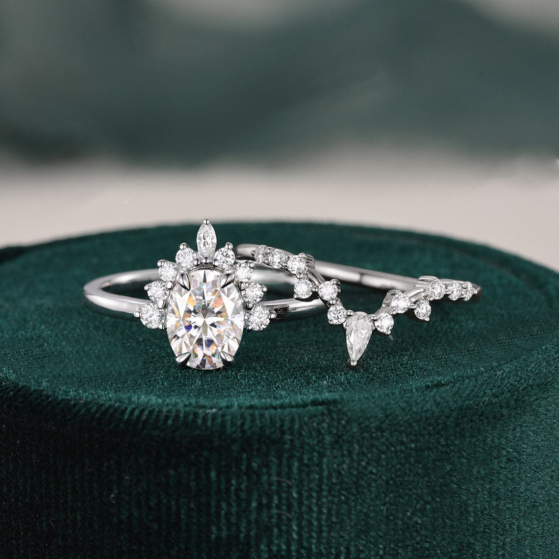 1.50 CT Pear Shaped Moissanite Cluster Bridal Ring Set - crownmoissanite