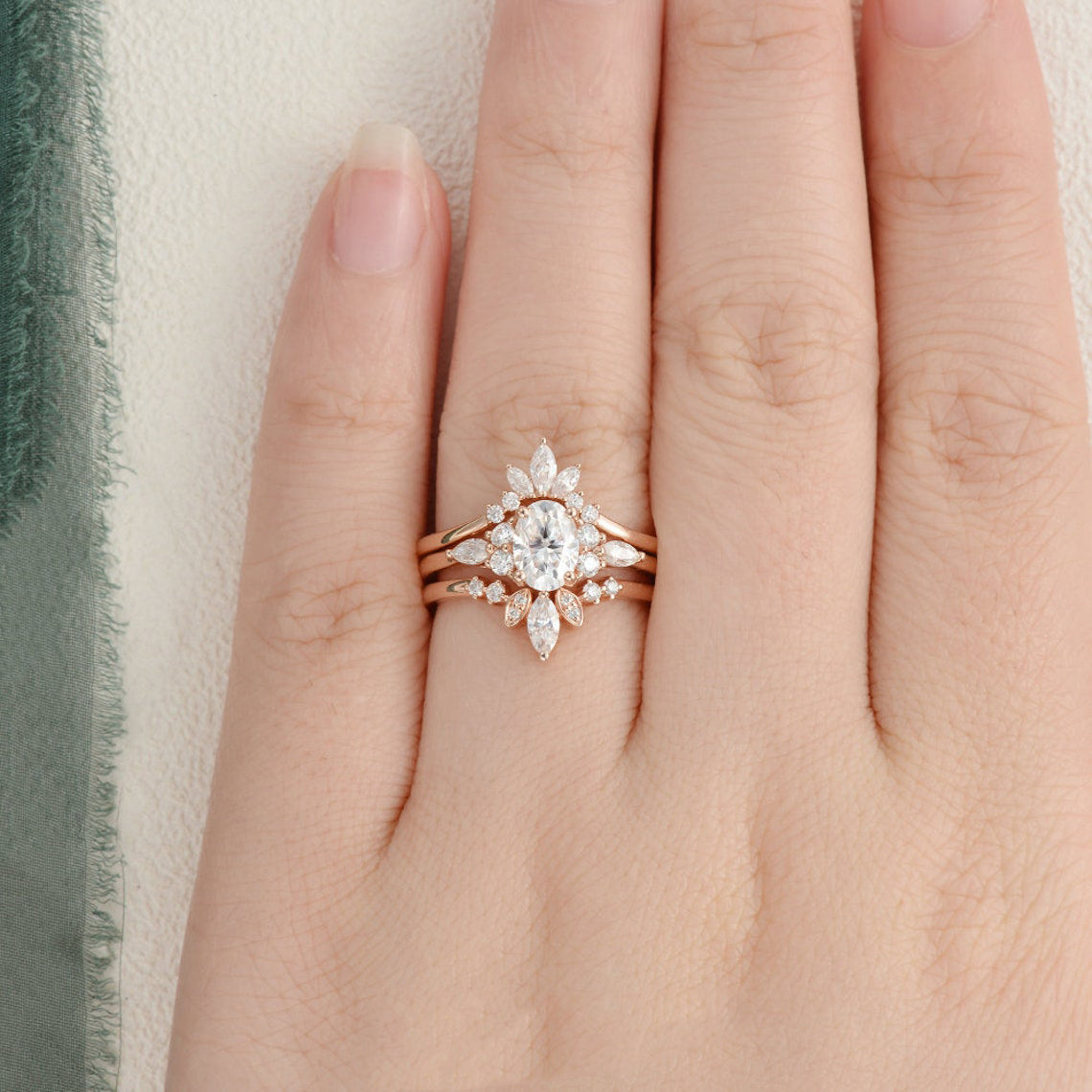 1.0 CT Oval Shaped Moissanite Cluster Art Deco Bridal Ring Set - crownmoissanite