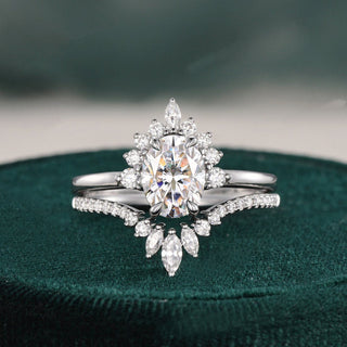 1.50 CT Oval Cut Cluster Art Deco Moissanite Bridal Ring Set - crownmoissanite