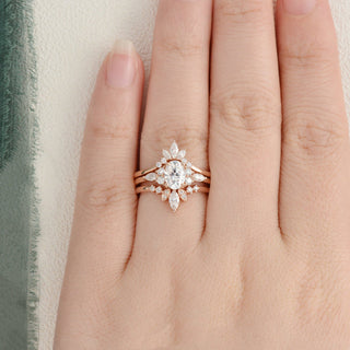 1.0 CT Oval Cut Cluster Art Deco Moissanite Bridal Ring Set - crownmoissanite