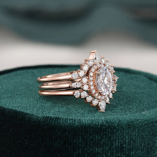 1.0 CT Oval Cut Cluster Halo Moissanite Bridal Ring Set - crownmoissanite