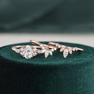 1.0 CT Oval Cut Cluster Art Deco Moissanite Bridal Ring Set - crownmoissanite
