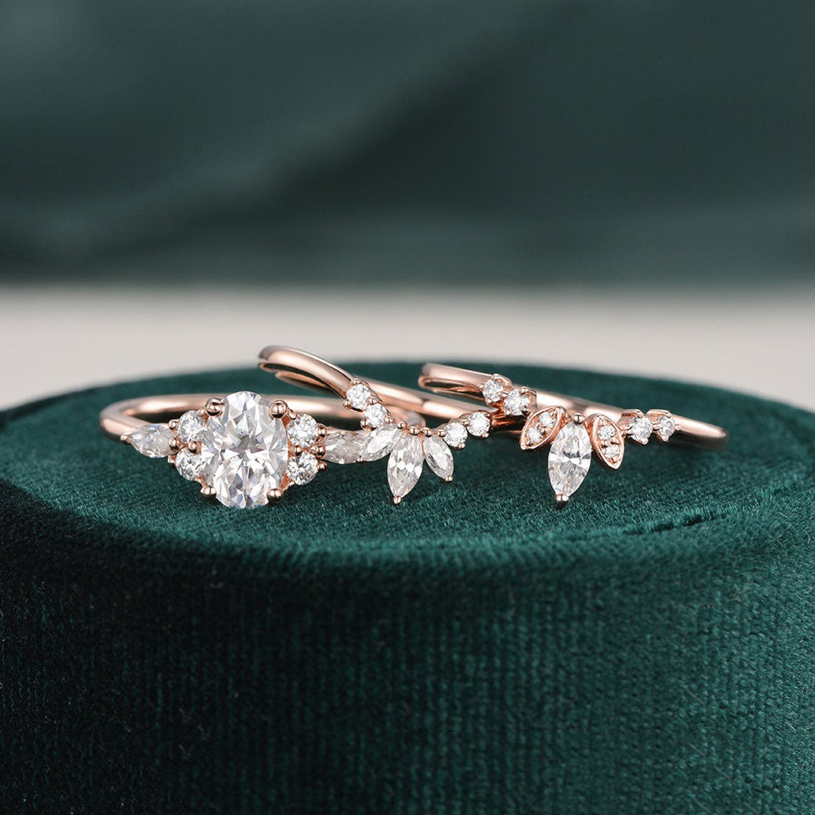 1.0 CT Oval Shaped Moissanite Cluster Art Deco Bridal Ring Set - crownmoissanite