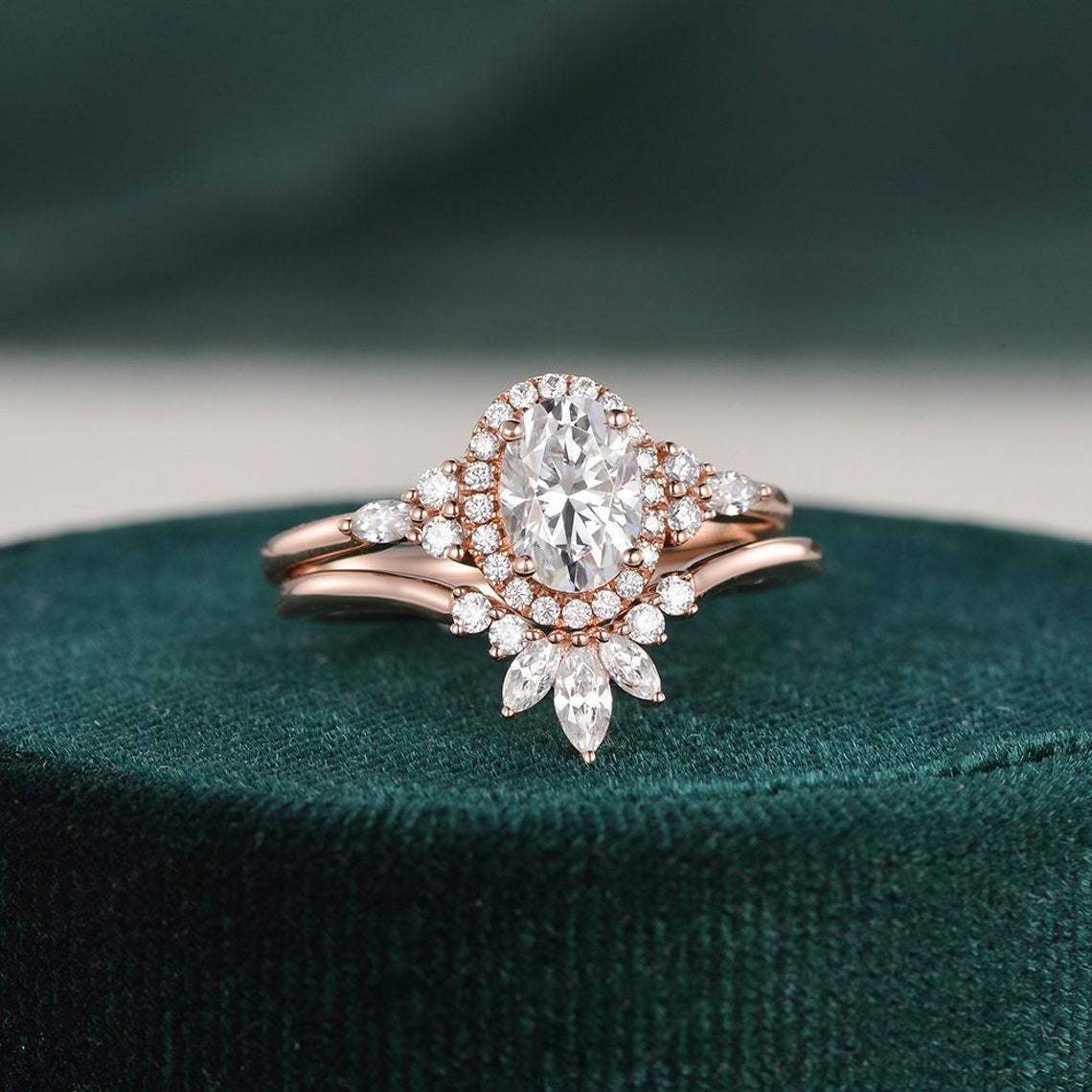 2.0 CT Oval Shaped Moissanite Cluster Halo Bridal Ring Set - crownmoissanite