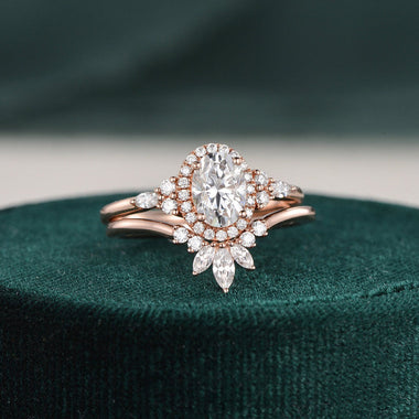 2.0 CT Oval Shaped Moissanite Cluster Halo Bridal Ring Set - crownmoissanite