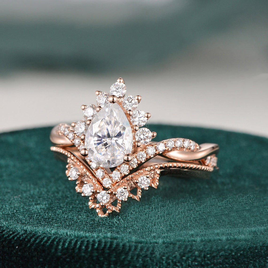 1.50 CT Pear Shaped Moissanite Cluster Bridal Ring Set - crownmoissanite