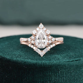 1.50 CT Pear Cut Cluster Art Deco Moissanite Bridal Ring Set - crownmoissanite