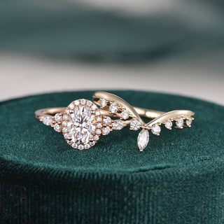 2.0 CT Oval Cut Cluster Halo Moissanite Bridal Ring Set - crownmoissanite