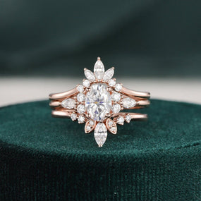1.0 CT Oval Cut Cluster Art Deco Moissanite Bridal Ring Set - crownmoissanite