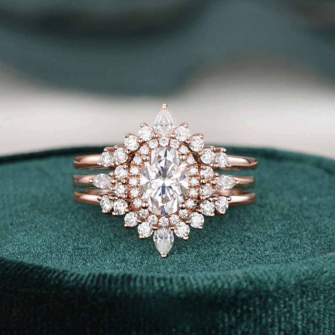 1.0 CT Oval Cut Cluster Halo Moissanite Bridal Ring Set - crownmoissanite