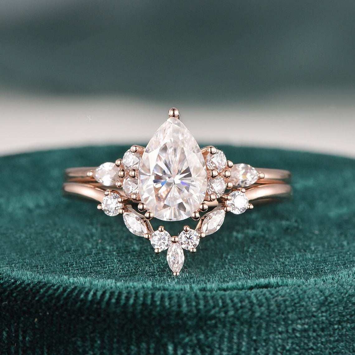 1.50 CT Pear Shaped Moissanite Cluster Bridal Ring Set - crownmoissanite