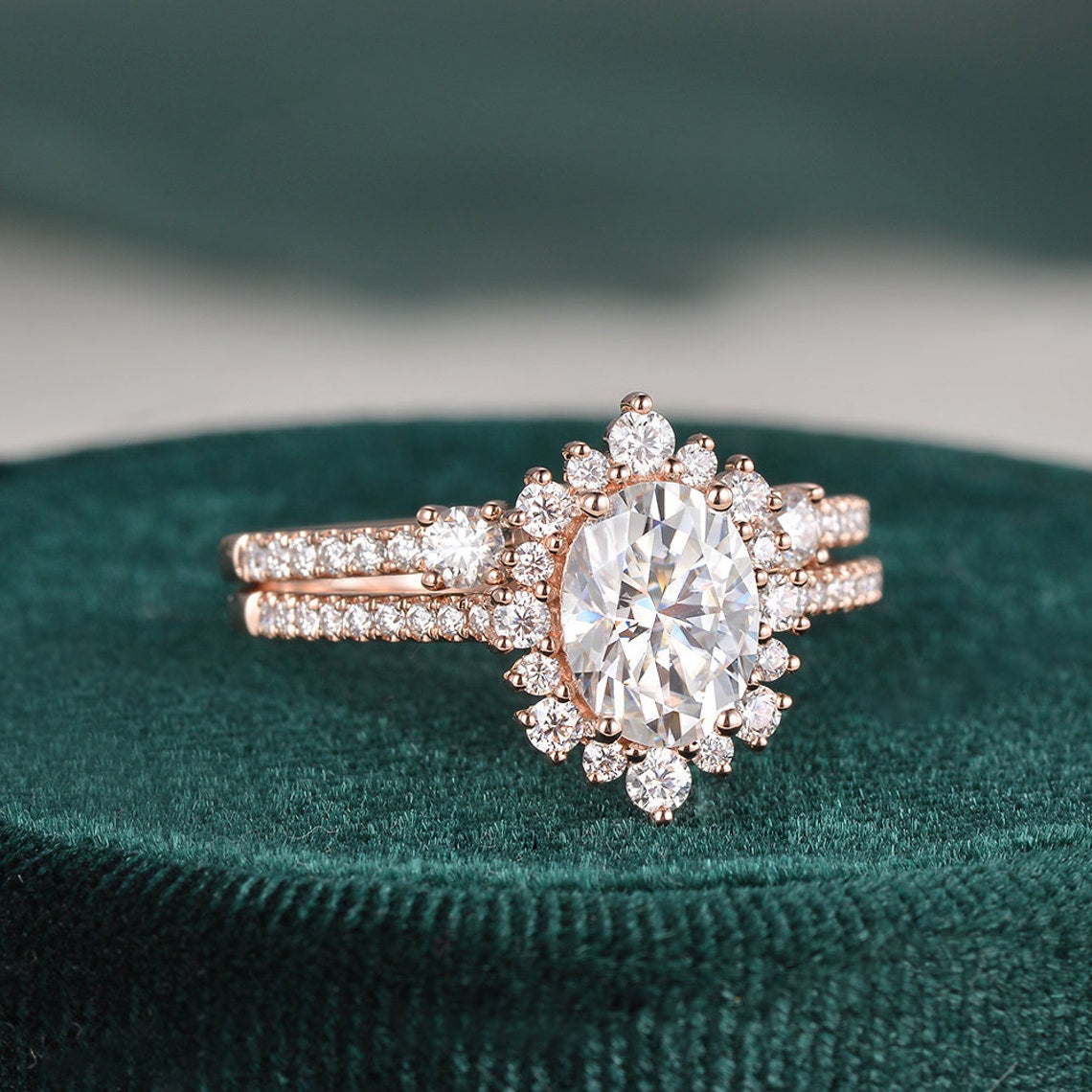 2.0 CT Oval Shaped Moissanite Halo Bridal Ring Set - crownmoissanite