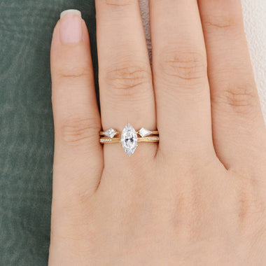 1.0 CT Marquise Shaped Moissanite Three Stone Bridal Ring Set - crownmoissanite