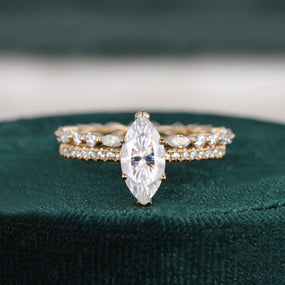1.0 CT Marquise Cut Solitaire Pave Moissanite Bridal Ring Set - crownmoissanite