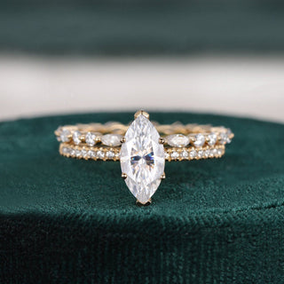 1.0 CT Marquise Cut Solitaire Pave Moissanite Bridal Ring Set - crownmoissanite