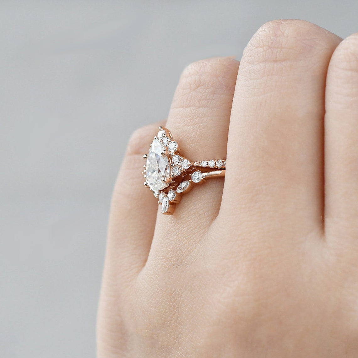 1.50 CT Pear Shaped Moissanite Cluster Bridal Ring Set - crownmoissanite