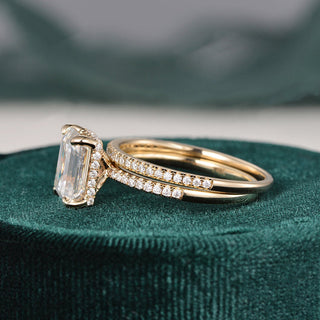 1.50 CT Emerald Cut Hidden Halo Moissanite Bridal Ring Set - crownmoissanite